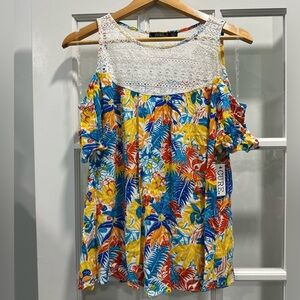 CURE Tropical Print Cold Shoulder Top - Size Medium